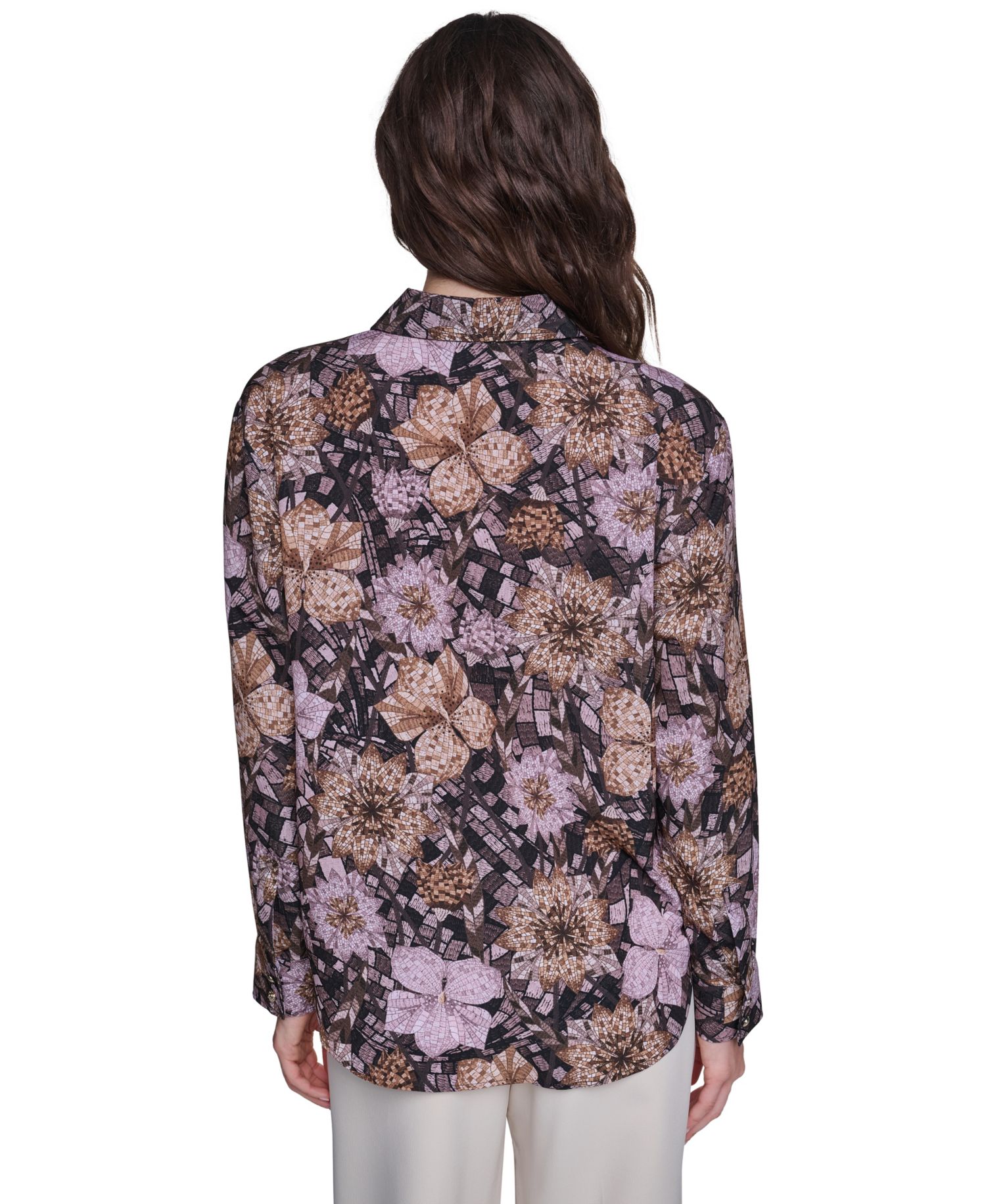 Women's Floral-Print Long-Sleeve Point-Collar Blouse