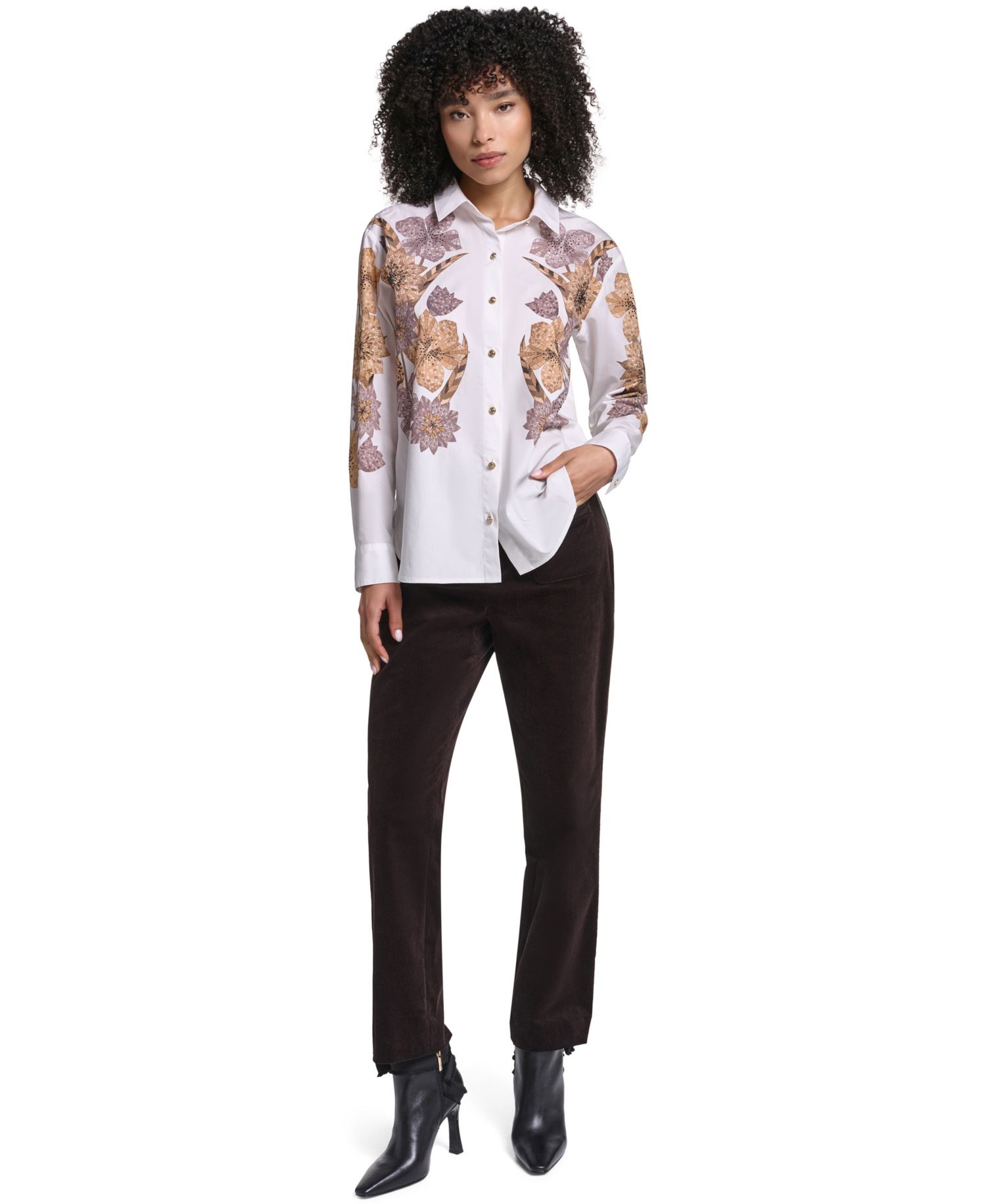 Women's Floral-Print Long-Sleeve Hotfix Rhinestone Blouse