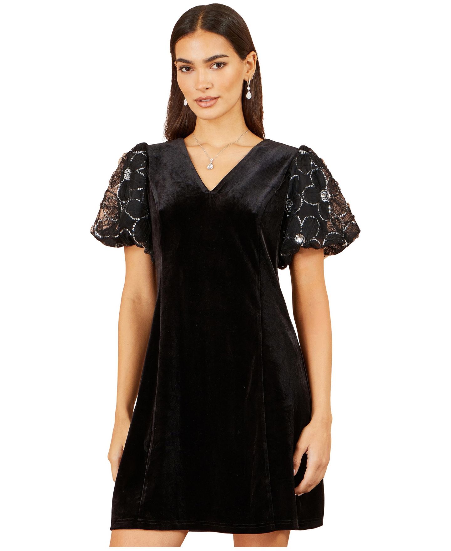 Женское платье Yumi Puff-Sleeve Velvet Mini, цвет: Чёрный — фото 3