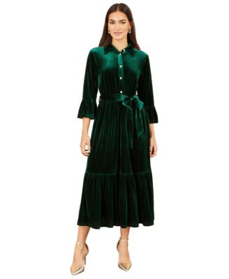 Women's Velvet Fluted-Sleeve Midi Dress with Side Pockets
