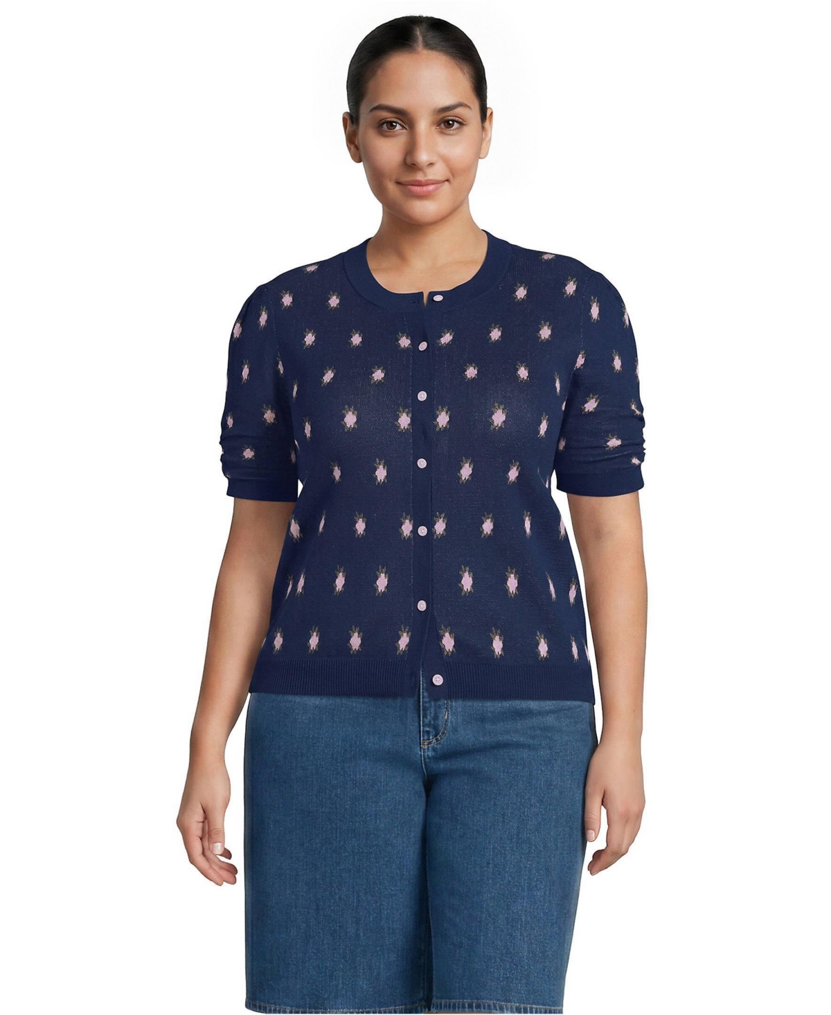 Lands' End Plus Ruched Sleeve Cardigan Sweater