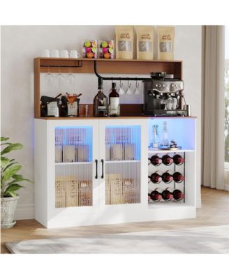 Tall Freestanding Wine Bar Cabinet Sideboard, Glass Door, Stemware Holder Wine Rack, Adjustable Shelf Buffet Storage for Kitchen, Dining Room