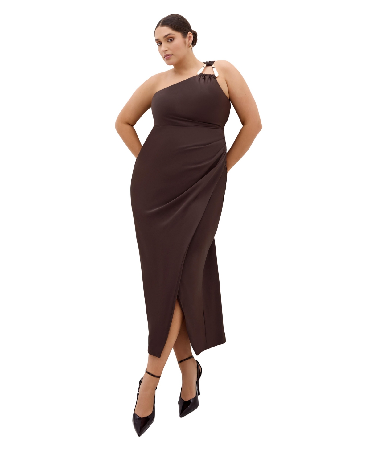 City Chic Plus Size Jayne One-Shoulder Wedding Guest Maxi Dress - Chocolate