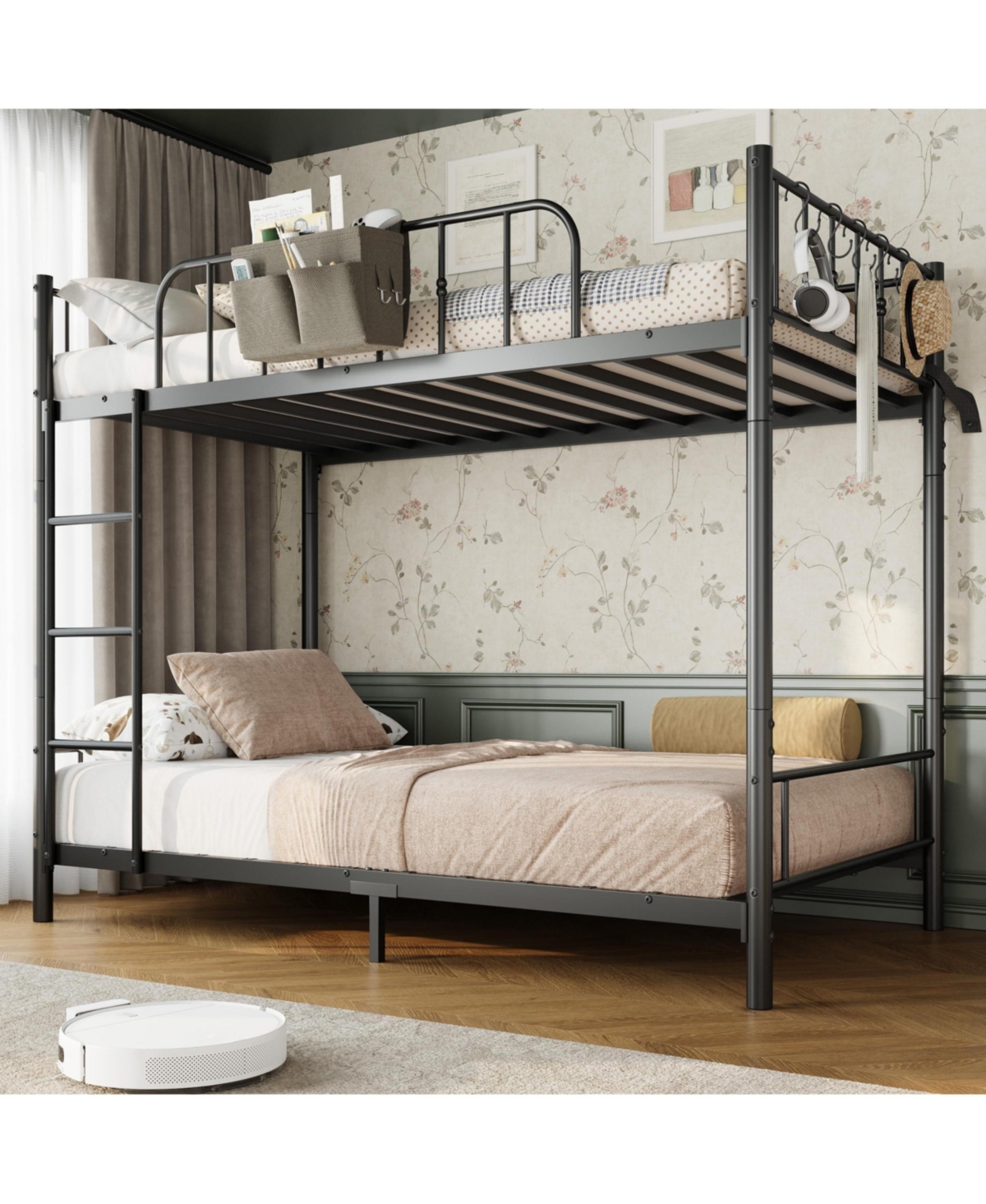 homfan Metal Bunk Bed Twin Over with Ladder, Guardrail, Storage Bag, 2-in-1 Convertible Frame Steel Slats, Space-Saving Design, Bedroom