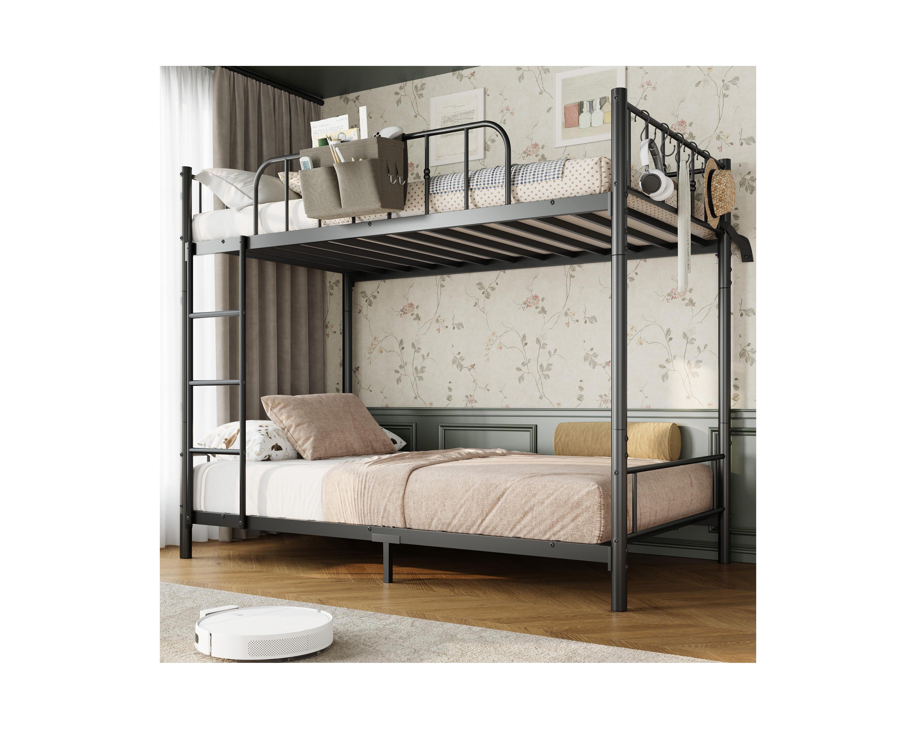 homfan Metal Bunk Bed Twin Over with Ladder, Guardrail, Storage Bag, 2-in-1 Convertible Frame Steel Slats, Space-Saving Design, Bedroom