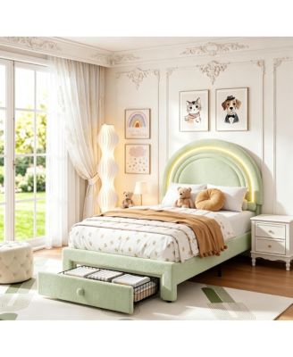 Twin Upholstered LED Bed Frame with Drawer, Lamb Wool Bed with Rainbow Headboard, Wood Slat Support, No Box Spring Needed, Easy Assembly