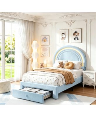 Twin Upholstered LED Bed Frame with Drawer, Lamb Wool Bed with Rainbow Headboard, Wood Slat Support, No Box Spring Needed, Easy Assembly
