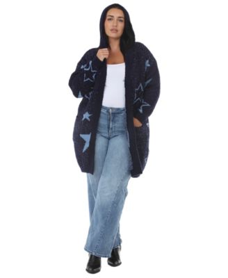 Plus Size Hooded Star-Print Sherpa Cardigan Sweater