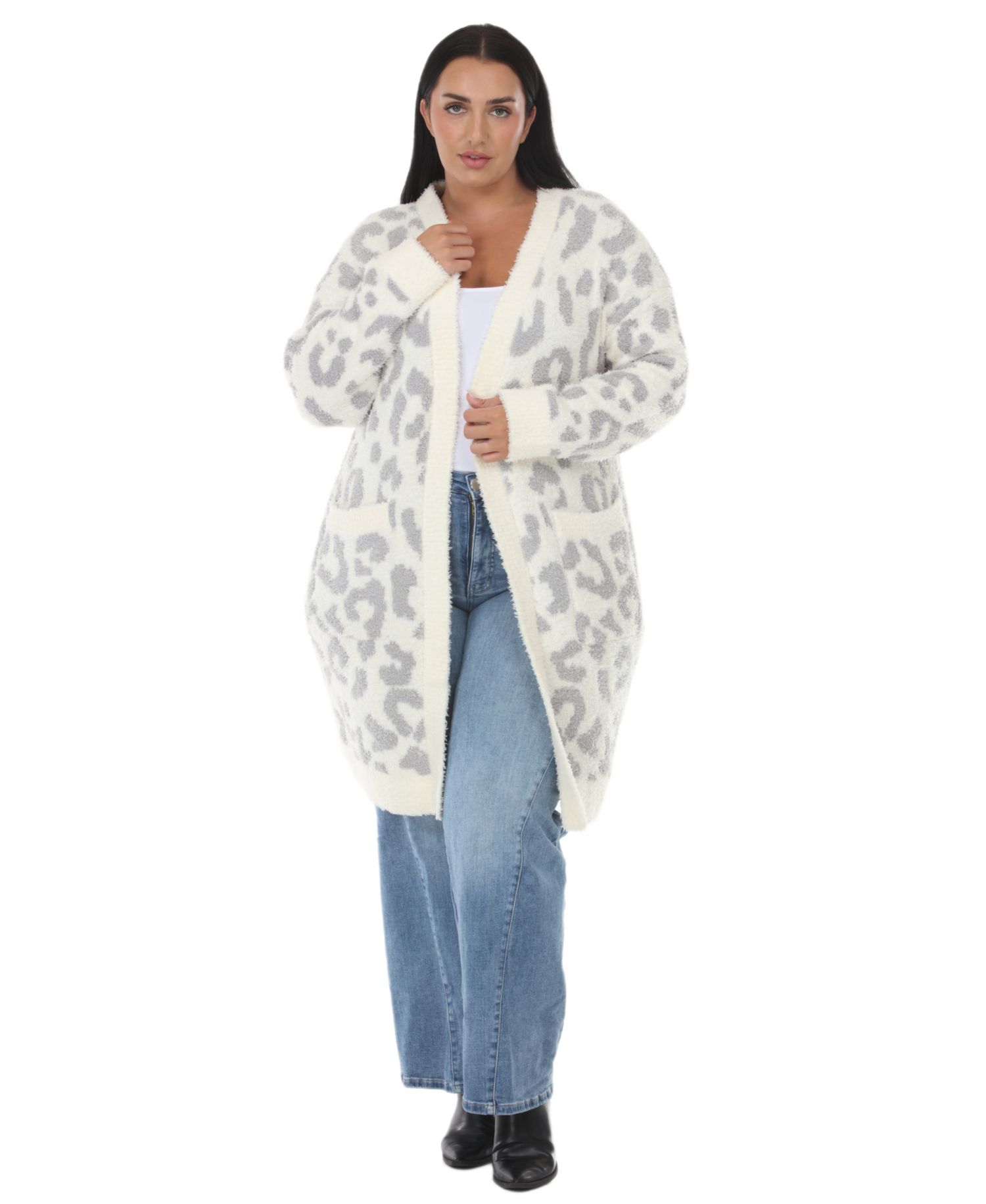 Plus Size Leopard-Print Sherpa Open-Front Cardigan Sweater