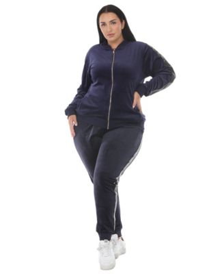 Plus Size Full-Zip Ribbed Velour Side-Stripe Top and Joggers, 2-Piece Set