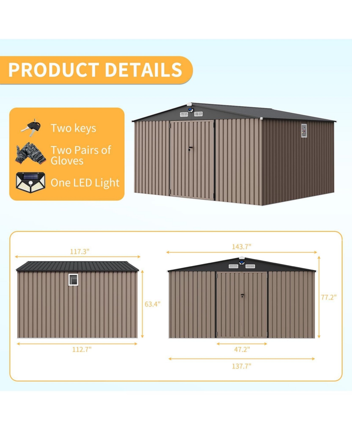 12 x 10 Ft Outdoor Storage Shed with Windows and Solar Lights, Heavy Duty Steel Tool for Backyard, Garden, Patio, Lawn, Dark Gray/Brown