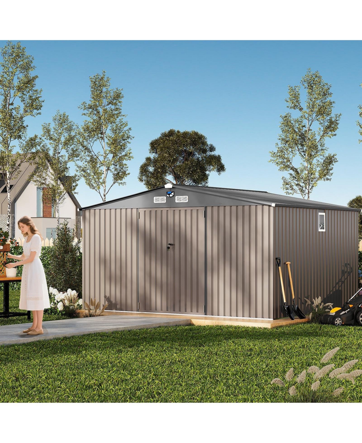 12 x 10 Ft Outdoor Storage Shed with Windows and Solar Lights, Heavy Duty Steel Tool for Backyard, Garden, Patio, Lawn, Dark Gray/Brown