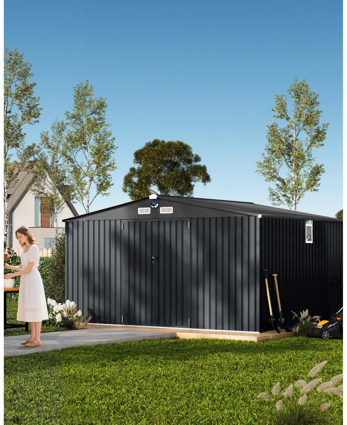 12 x 10 Ft Outdoor Storage Shed with Windows and Solar Lights, Heavy Duty Steel Tool Shed for Backyard, Garden, Patio, Lawn, Dark Gray/Brown - Dark Gr