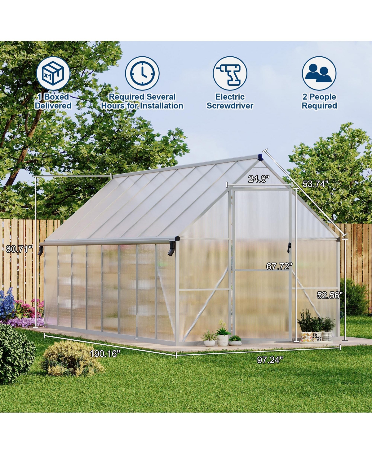 8 x 16 ft Greenhouse with Aluminum Frame and Polycarbonate Panels, Walk-in Outdoor Sun Room for Backyard Garden Patio, Silver