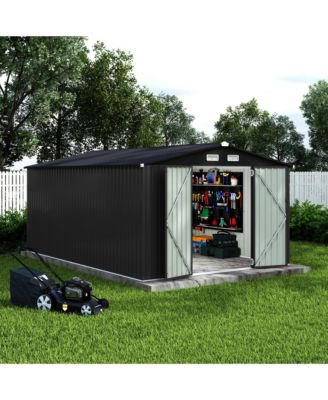 10 x 14 FT Outdoor Storage Shed, Heavy Duty Steel Garden Tool Shed with Lockable Doors and Vents, for Backyard Patio Lawn, Grey/Brown