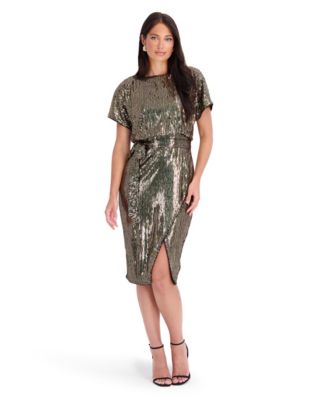Women's Sequin Mesh Boat Neck Short-Sleeve Wrap Midi Dress