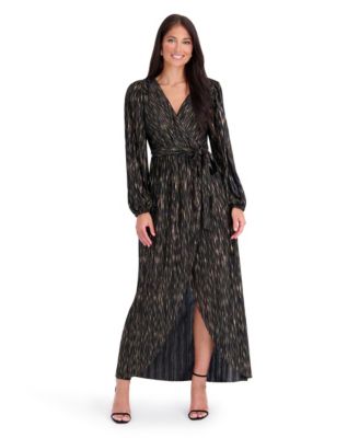 Women's Foiled Woven Metallic-Print Long-Sleeve Wrap Maxi Dress
