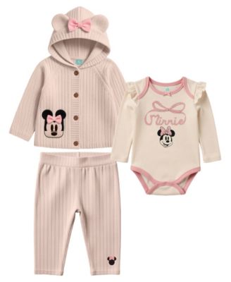 Baby Girls' Minnie Mouse Hooded Long-Sleeve Cotton-Blend Sweater Jacket, Bodysuit and Pants, 3-Piece Set
