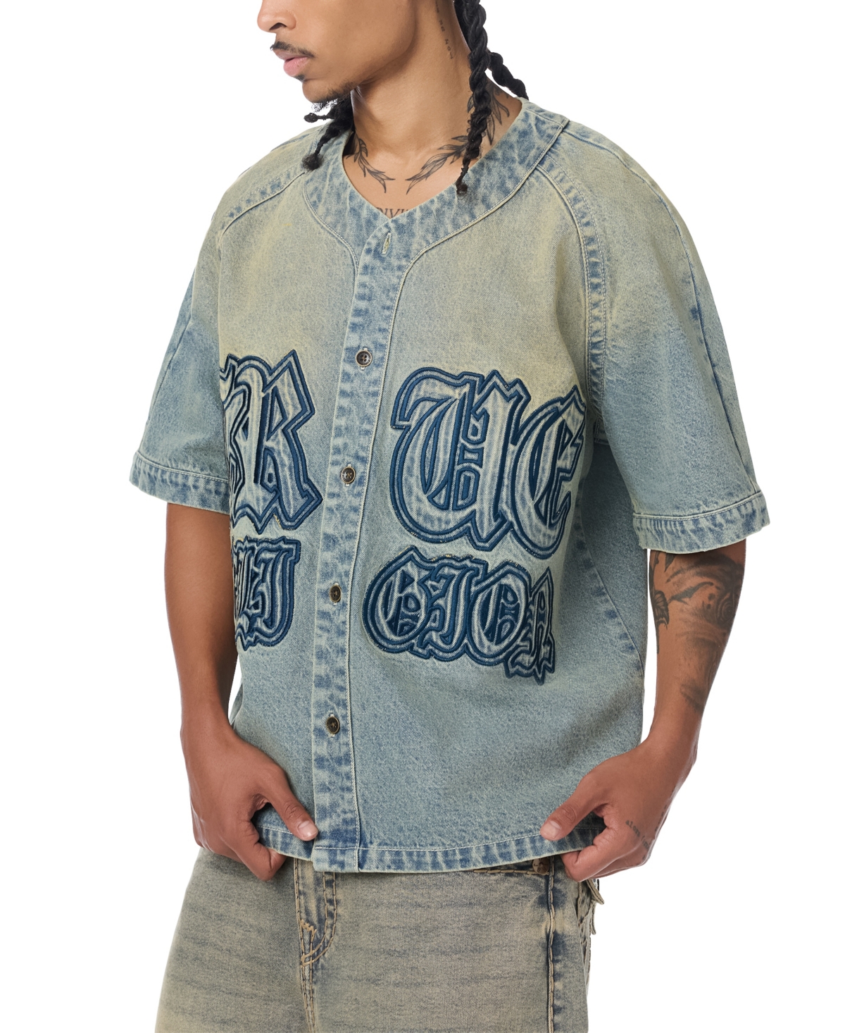 True Religion Men's Short-Sleeve Raglan Denim Baseball Shirt