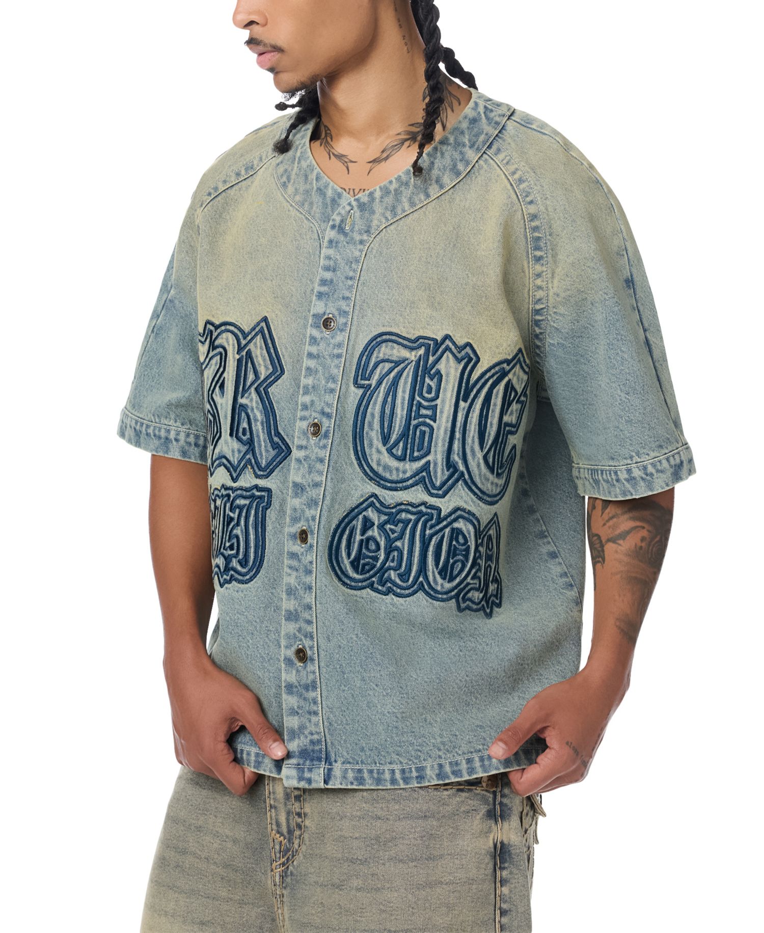 Men's Short-Sleeve Raglan Denim Baseball Shirt