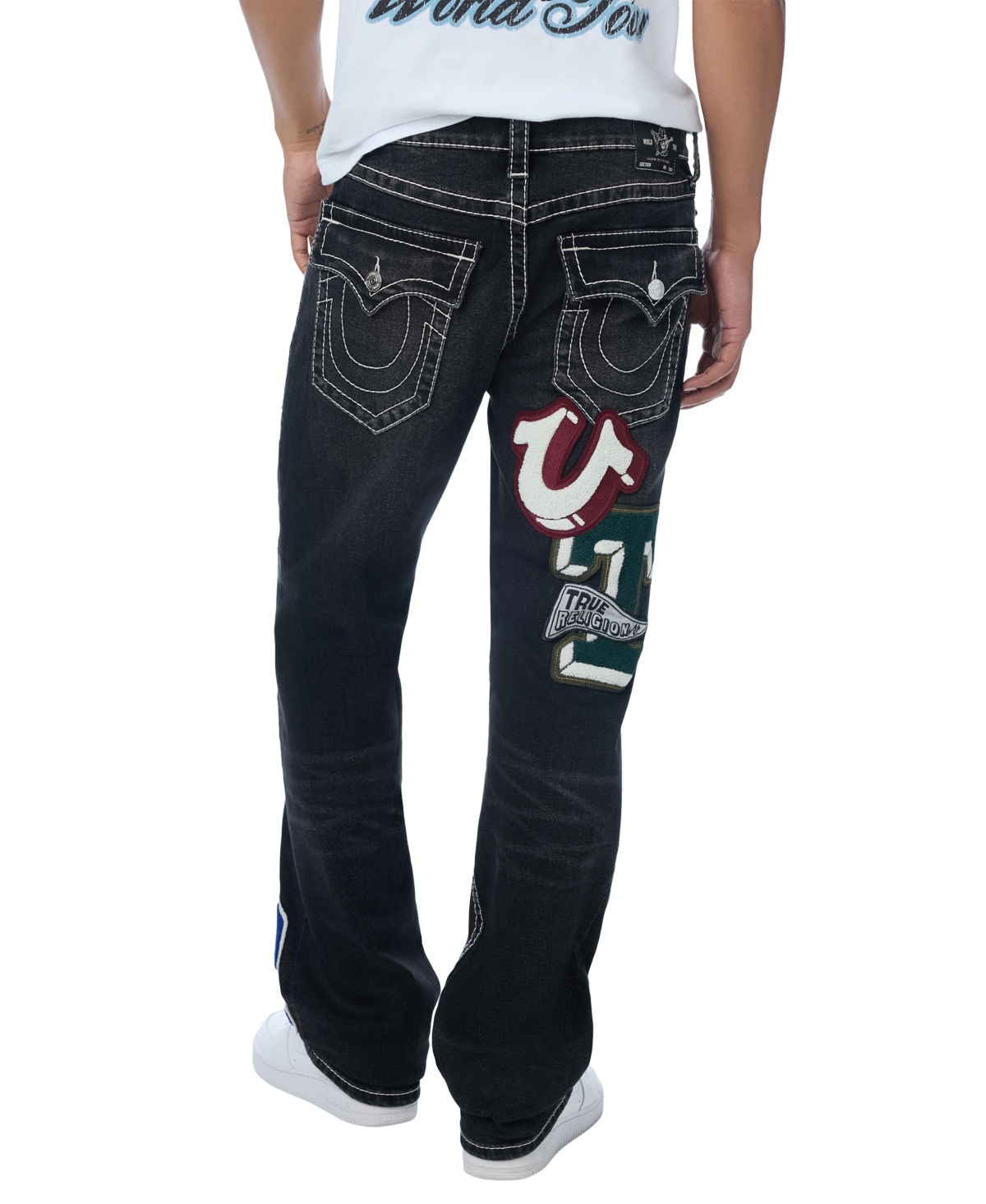 True Religion Men's Ricky Straight-Leg Graphic Patches Big T Stitching Jeans