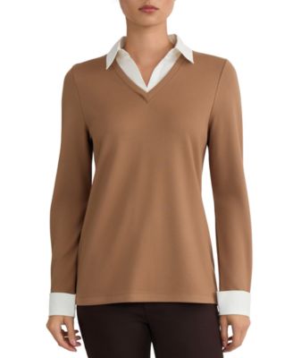 Plus Size Twofer Long-Sleeve Collared V-Neck Woven-Cuff Blouse
