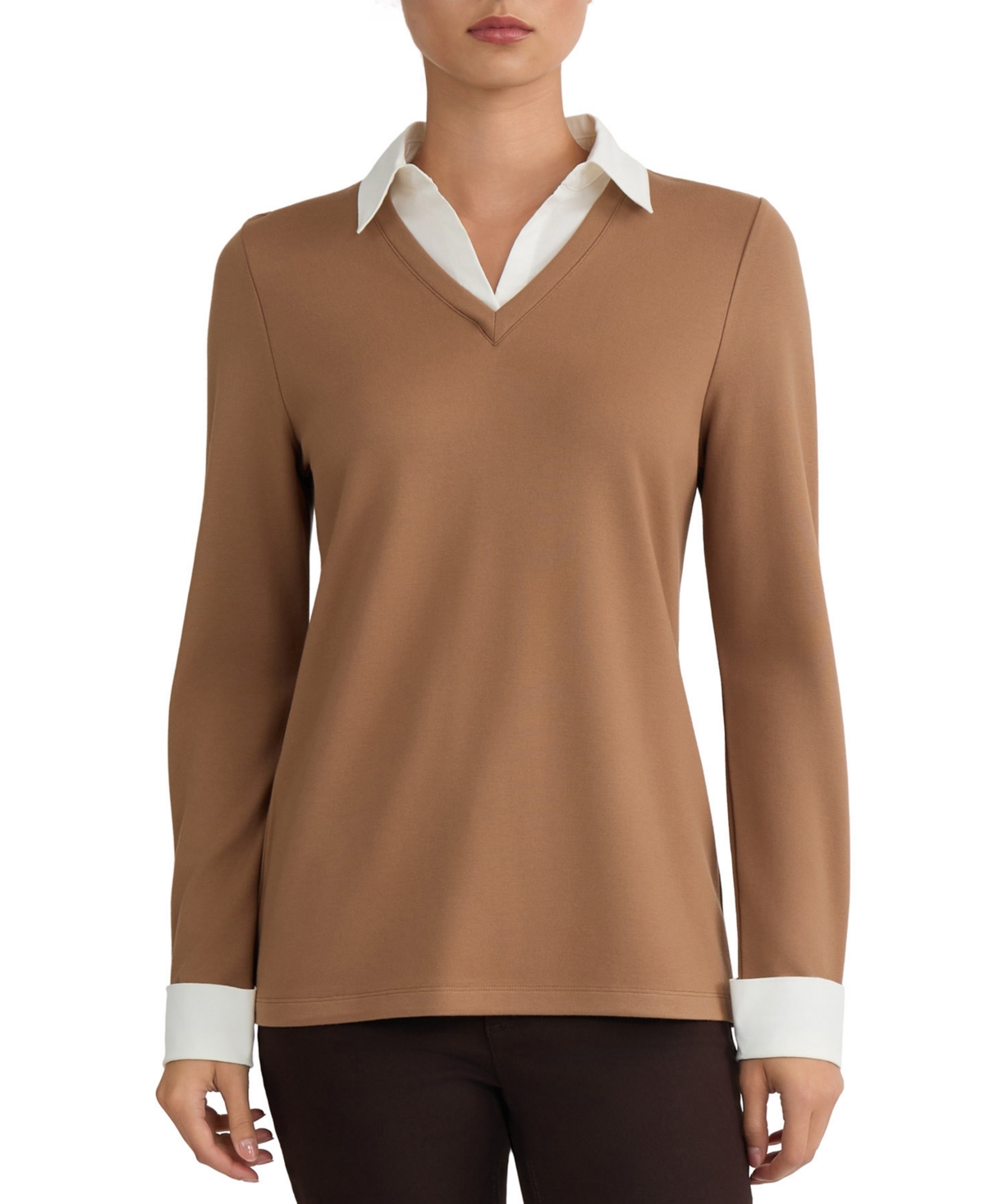 Jones New York Women's Twofer Long-Sleeve Collared V-Neck Woven-Cuff Blouse