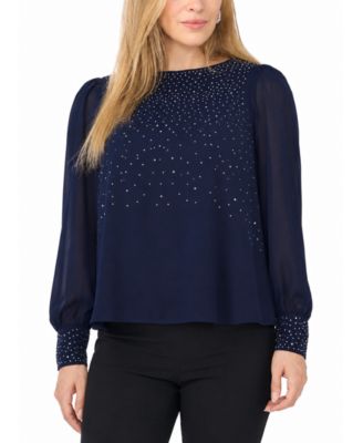 Petite Rhinestone-Embellished Long-Sleeve Blouse