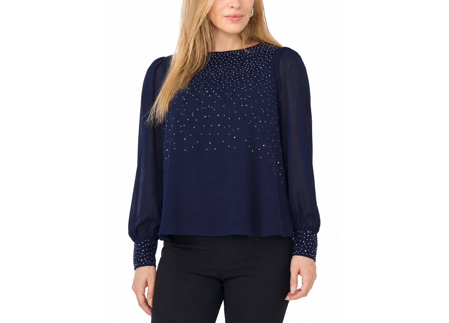 Petite Rhinestone-Embellished Long-Sleeve Blouse