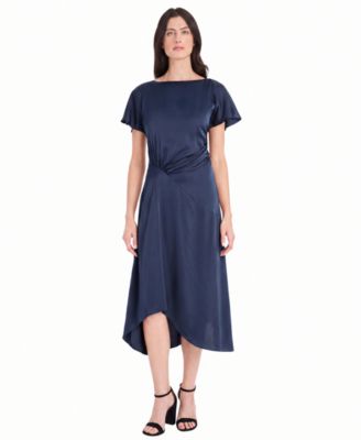Women's Satin Asymmetrical Ruched Waist Midi Dress