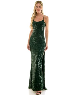 Juniors' Beaded High-Slit Gown