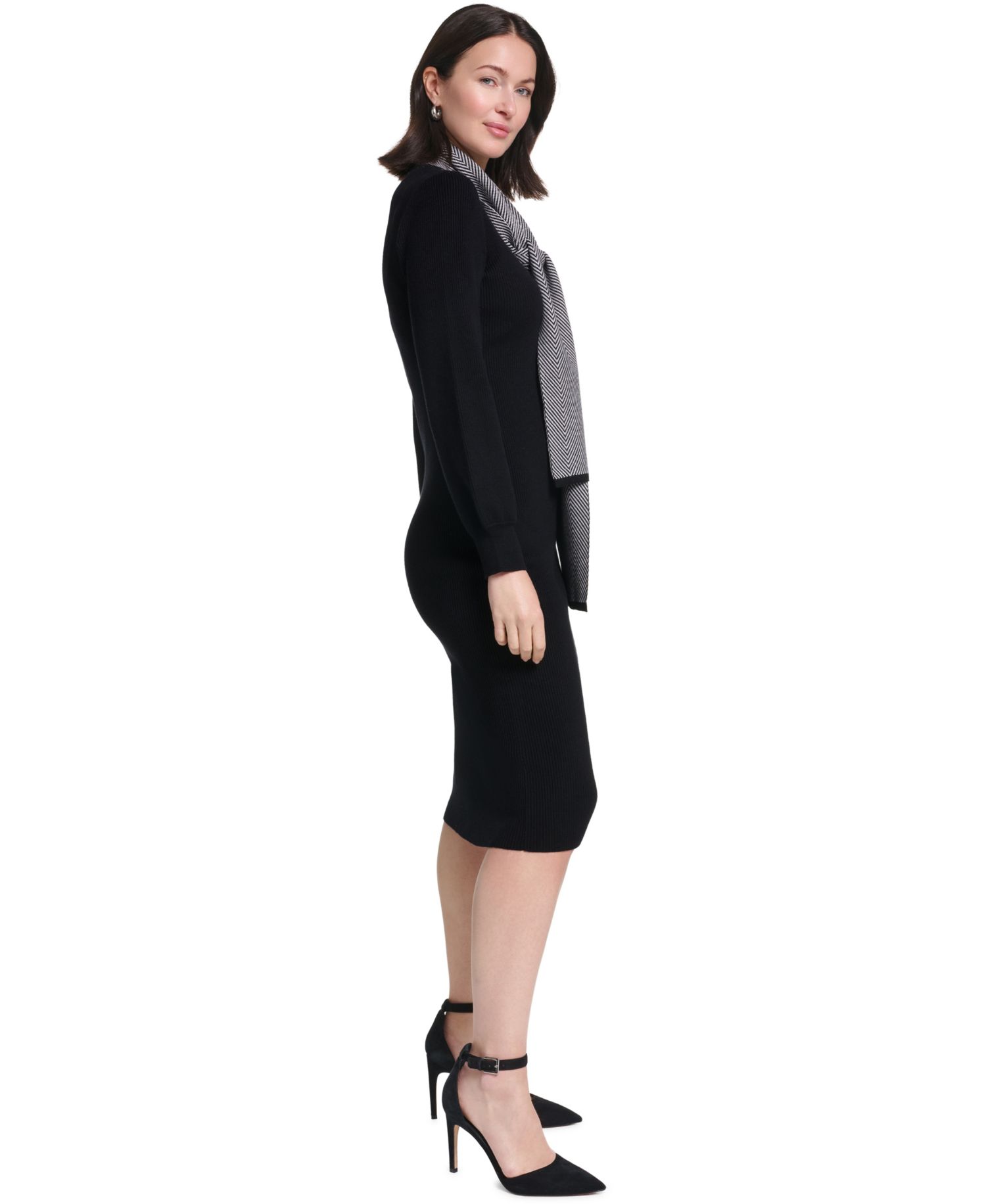 Women's Long-Sleeve Cocktail Rayon-Blend Sweater Dress with Matching Scarf