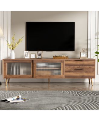 Modern TV Stand, with 2 Glass Doors and 2 Drawers, for 75"+ TV, Center Low Profile Cabinet Table, Sliding Fluted Glass Doors, for Living Room