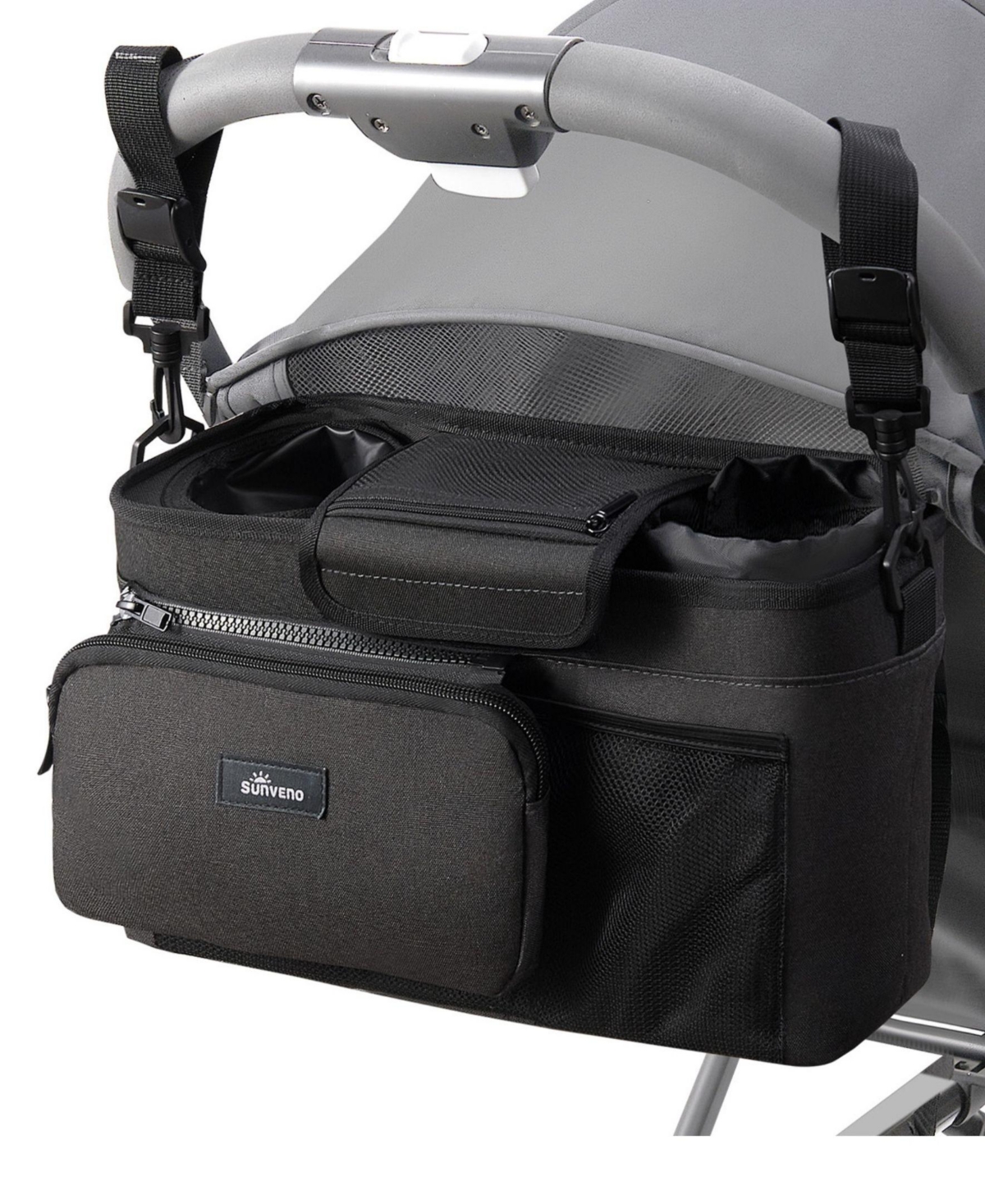 SUNVENO Stroller Organizer Bag with Detachable Parent Pouch, Dual Cup Holders, Adjustable Straps & Removable Shoulder Strap - Black