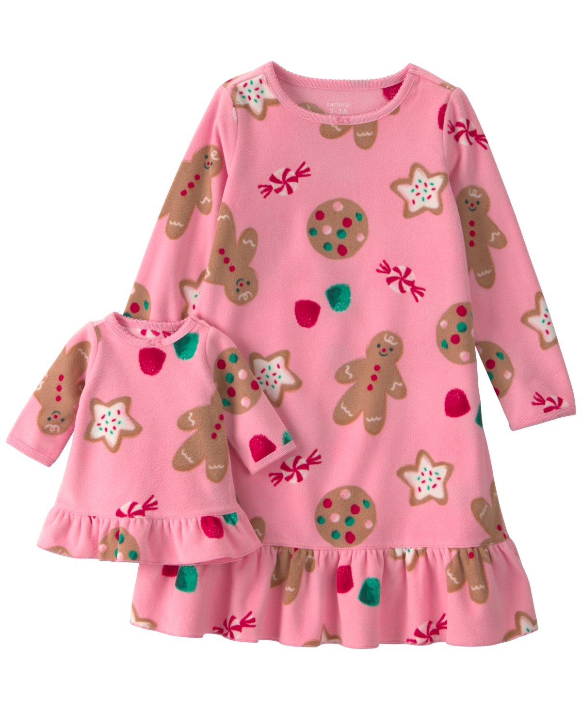 Carter's Kids' Girls' 4-16 Holiday Loose-fit Long-sleeve Nightgown And Doll Nightgown, 2-piece Set In Pink