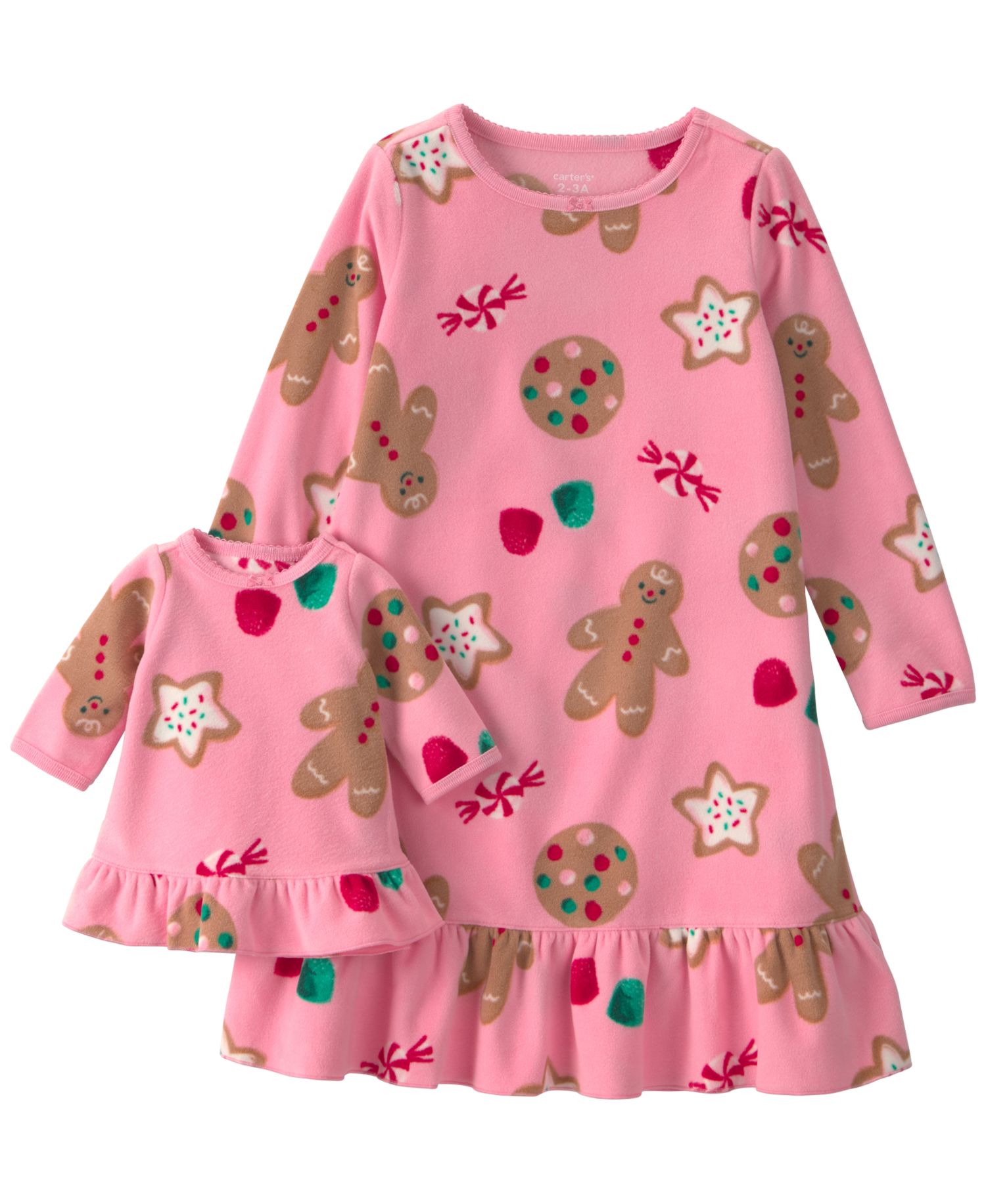 Girls' 4-16 Holiday Loose-Fit Long-Sleeve Nightgown and Doll Nightgown, 2-Piece Set