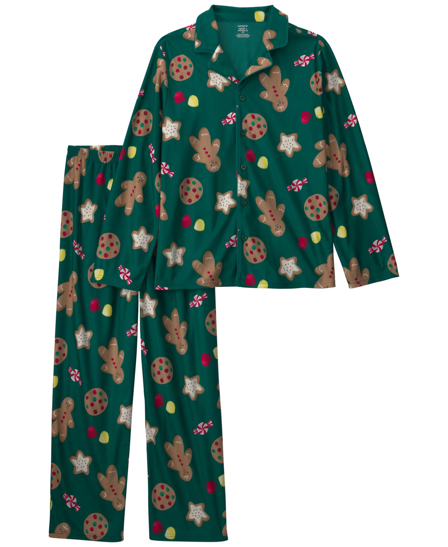 Adult Christmas Gingerbread-Print Loose-Fit Pajama Top and Pants, 2-Piece Set
