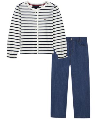 Girls' 4-16 Striped Wide-Leg Cardigan and Denim Pants, 2-Piece Set