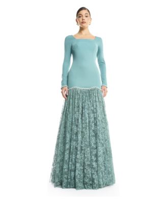 Women's Long Sleeve Square Neck Drop Waist Evening Dress