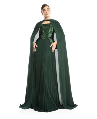 Women's Sequin Bustier Pleated Evening Gown with Detachable Cape