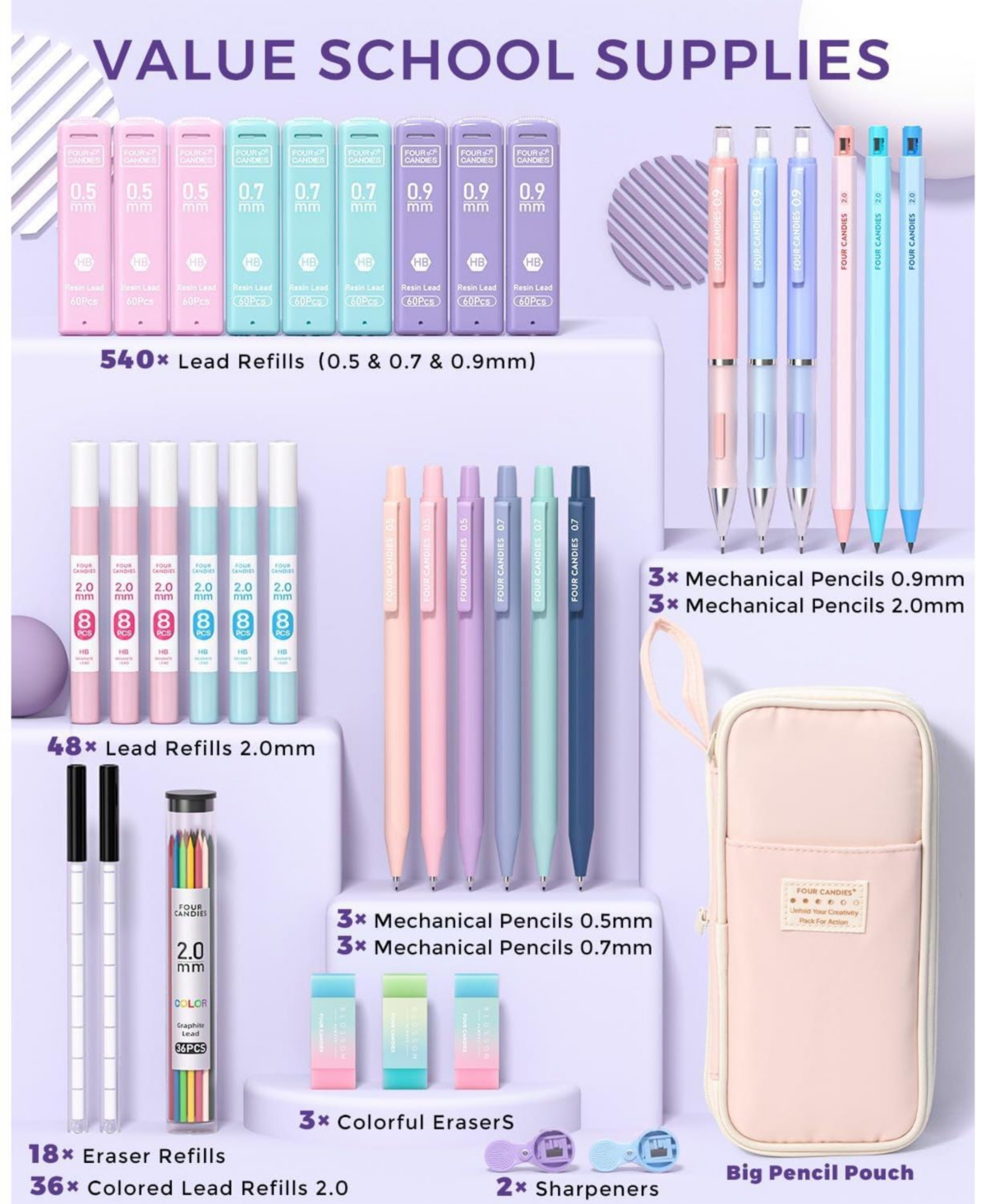 Four Candies 36Pieces Aesthetic School Supplies, Mechanical Pencils 0.5/0.7/0.9/2.0mm with 624 Lead Refills