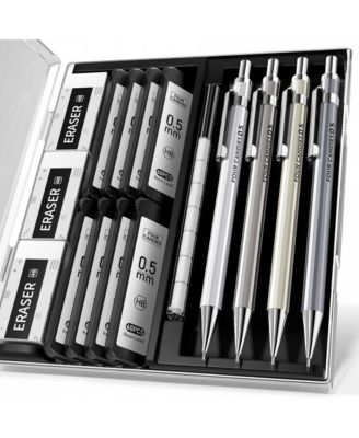 4Pieces Metal Mechanical Pencil Set 0.5mm, 480 Leads 12 Erasers with Case for School Art Drawing