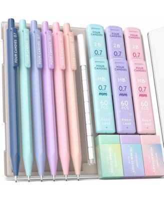 Cute Mechanical Pencil Set 6 Pack 0.7mm, 360 HB/2B Leads Erasers Storage Case, Triangular Grip