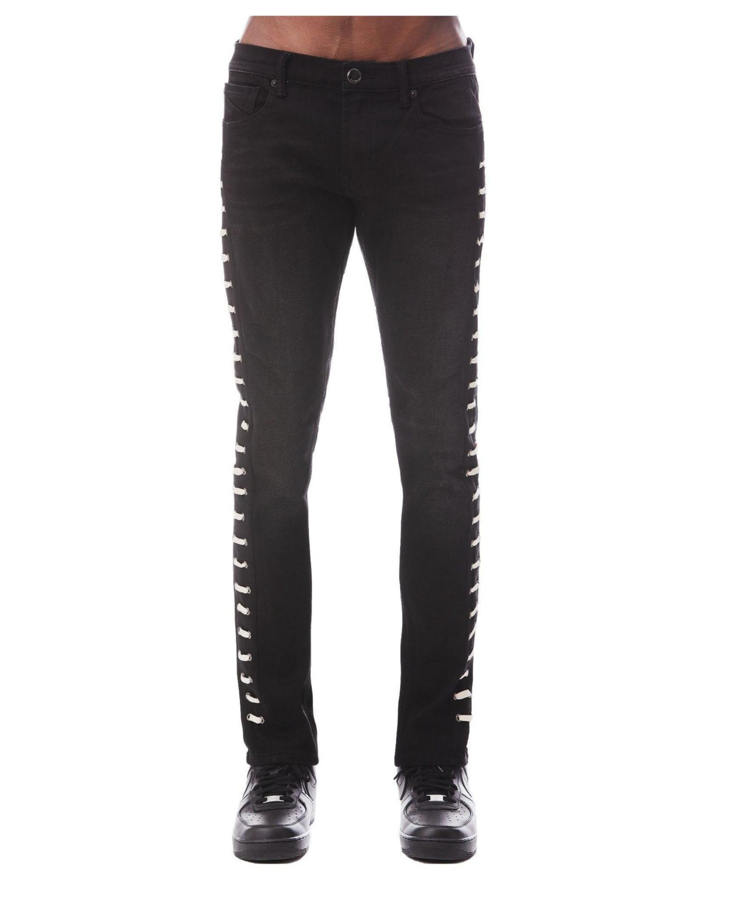 Men's Strat Super-Skinny-Fit Waxed-Lace Trim Low-Rise Jeans