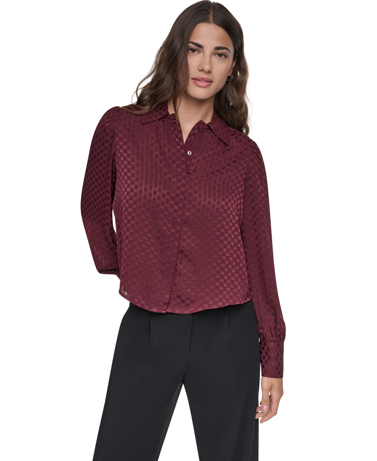 Petite Long-Sleeve Puff-Sleeve Button-Front Blouse