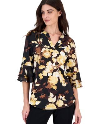 Petite Floral-Print Split-Neck 3/4 Flutter-Sleeve Tunic