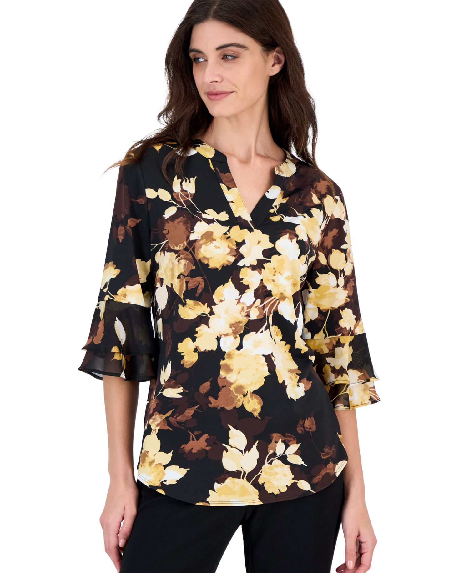 Women's Chiffon Floral-Print Split Neck Tunic