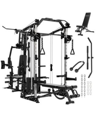 Smith Machine Power Cage, Multi-Function Home Gym System with Cable Crossover System, Dual-Sided Workout Station with 121LBS Weight Stack