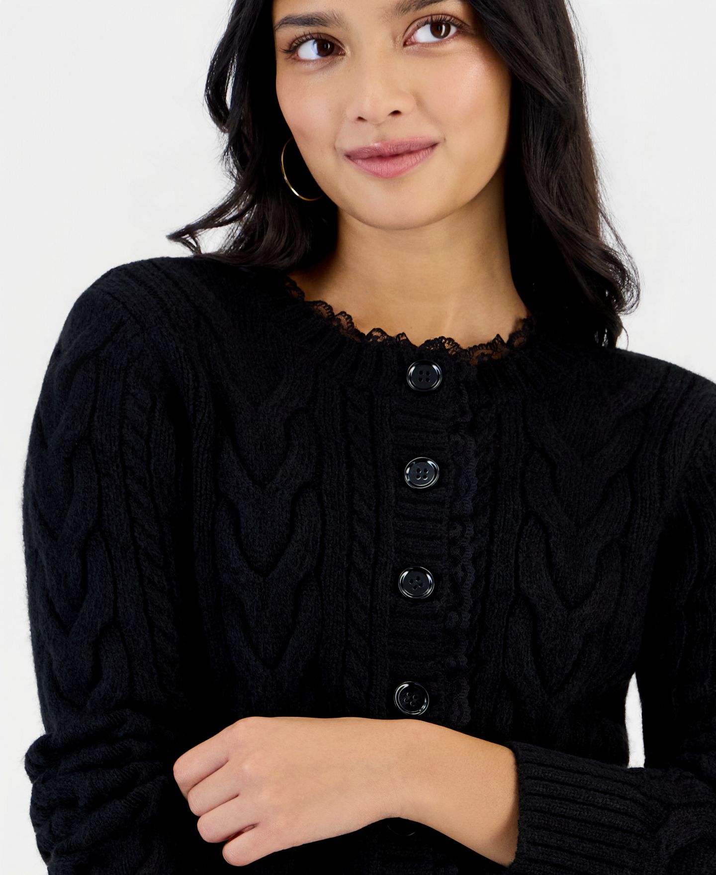 Женский кардиган And Now This Petite Cable-Knit Crewneck, цвет: Чёрный — фото 2