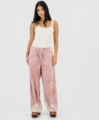 Petite Velvet Lace-Trim Wide-Leg High-Rise Pants